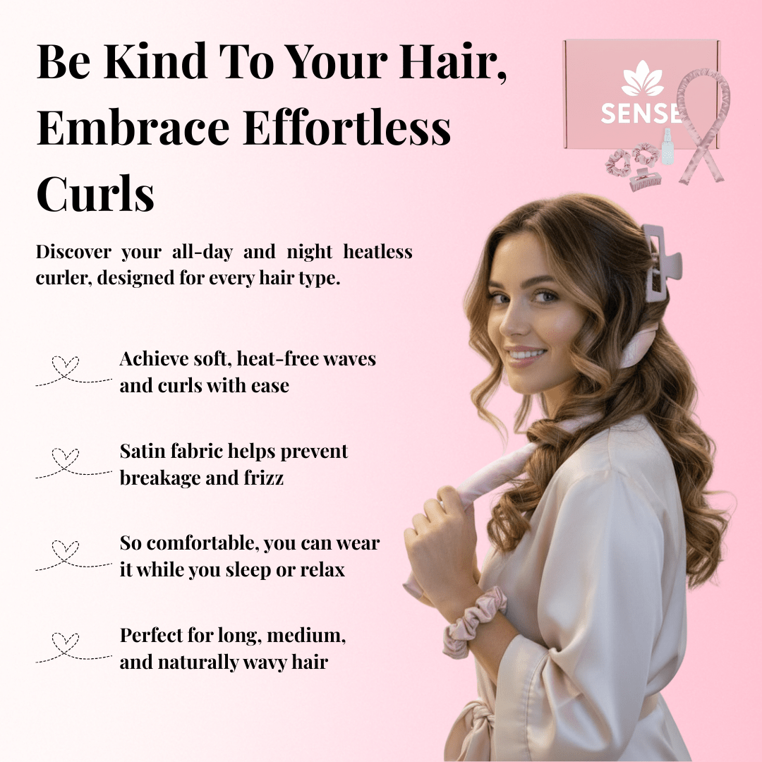 Heatless Hair Curler Kit (Includes Heatless Hair Curler - 2 Scrunchies - Claw Clip - Water Bottle) in Lilac color | | Sense Wellness